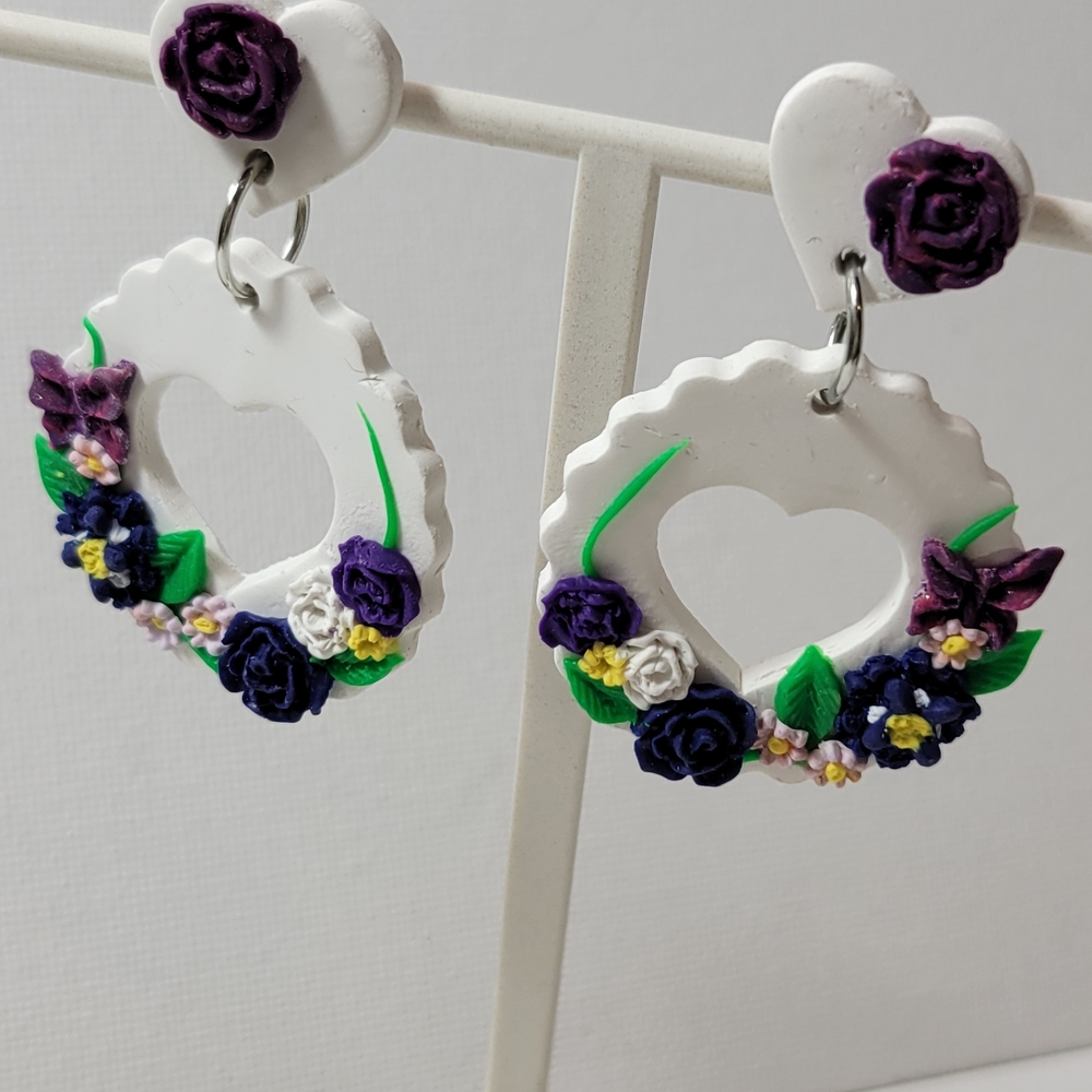 Floral Heart Drop Earrings - White and Purple